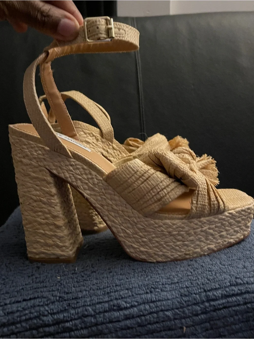 Steve Madden Women’s ROMEY Natural Raffia Bow Platform Sandals Sz 9.5 NWOB